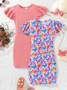 SHEIN 2pcs/Set Girls Casual Butterfly Print Round Neck Double Layer Ruffle Sleeve Knit Dress