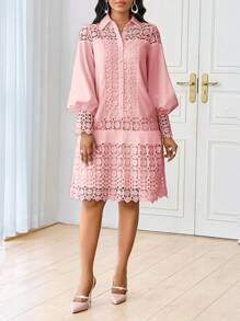 SHEIN Lady Spring And Summer Casual Elegant Work  Contrast Lace Shirt Dress Tunic Dress Midi Women Dresses - Dusty Pink - View 8