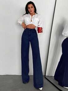 SHEIN Tall 100%Cotton HIGH WAIST WIDE LEG LONG HEM TALL JEAN - Dark Wash - View 6