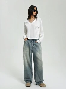 SHEIN Unity 女式 V 领长袖简约短款休闲套头 T 恤，秋季 - 白色 - 查看 2