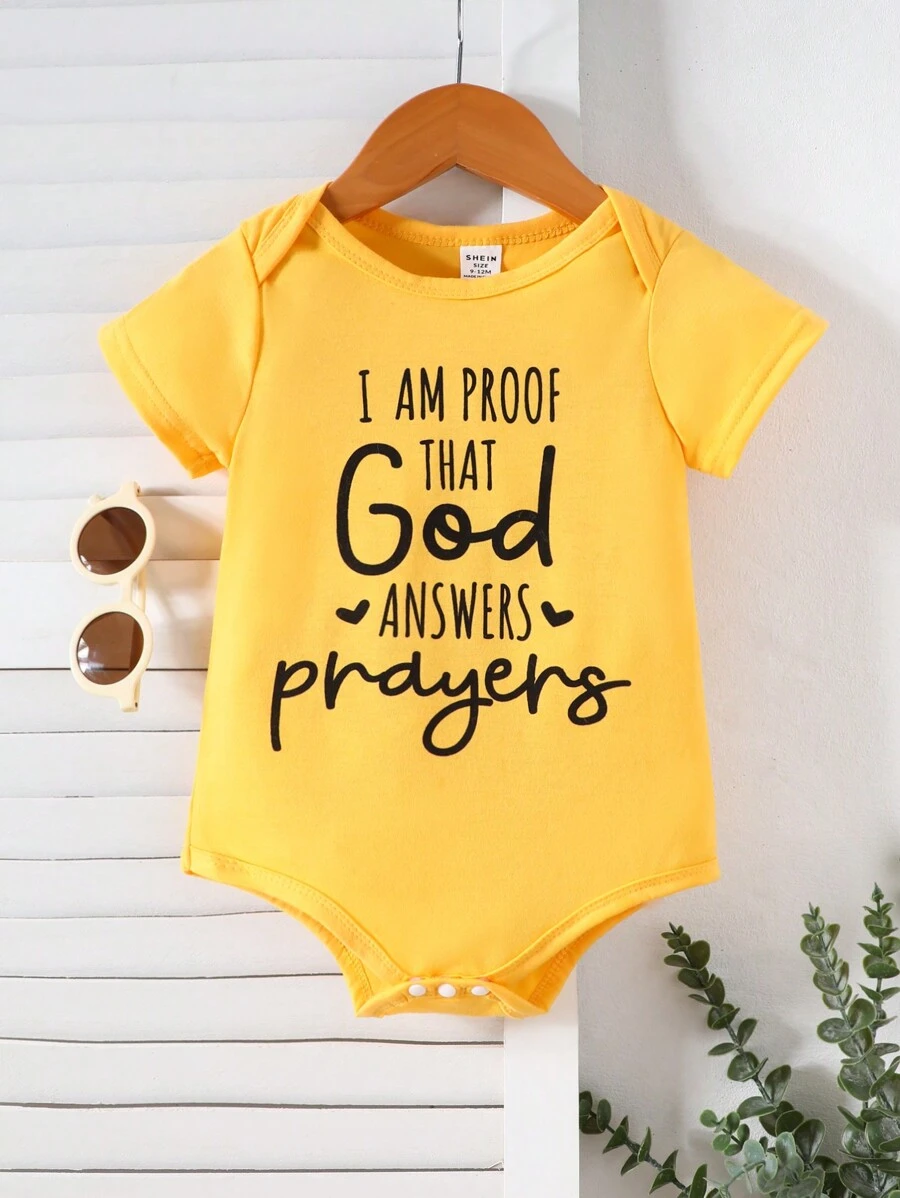 SHEIN Playful Pals Baby Boy Casual Cute Letter Print Daily Comfortable Versatile Short Sleeve Bodysuit, Summer - Yellow - View 1