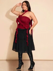 SHEIN BAE Plus Size Women's Black Pleated A-Line Skirt, Suitable For Date, Valentine's Day, Party, Fitted, Plain, Basic Women Clothes, Summer, Tight, Easter, Spring