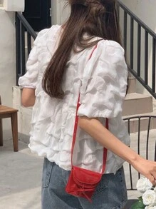 DAZY Women's Round Neck Puff Sleeve Pullover Short Sleeve Blouse, White, Spring/Summer Cute Tops