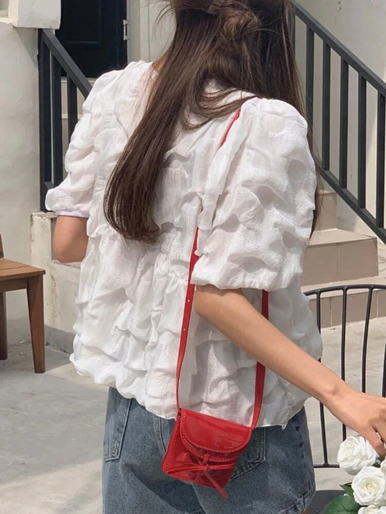 Women's Round Neck Puff Sleeve Pullover Short Sleeve Blouse, White, Spring/Summer Cute Tops