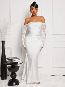 SHEIN SXY 性感蕾丝拼布露肩缎面连衣裙 - 白色 - 查看 1