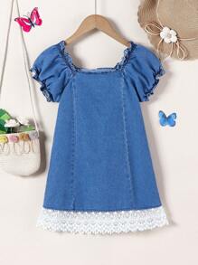 SHEIN 新款泡泡袖刺绣水洗蓝牛仔连衣裙，适合小女孩，韩版风格