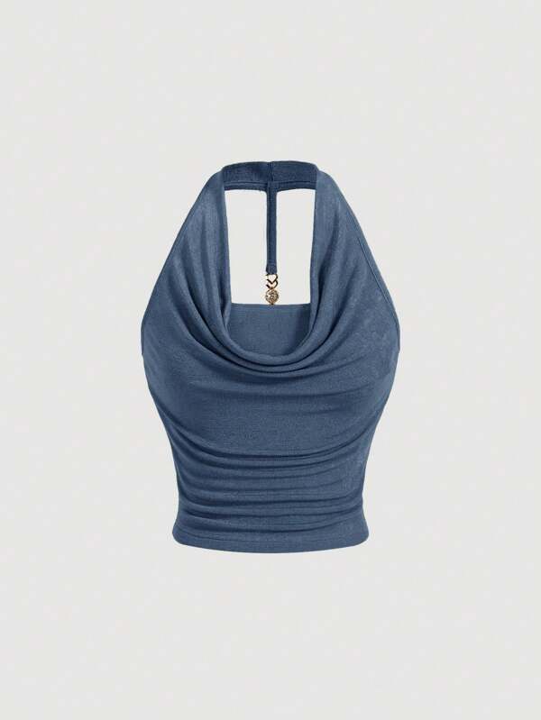 SHEIN MOD Dusty Blue Draped Collar Halter Back Metal Decorative Buckle,Cruise Women Outfits,90s Outfit,Fall/Winter Women Clothes,Dinner Outfit,Birthday Women Outfits,Homecoming  Olive Green Top