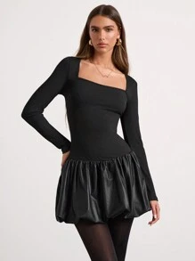 Glamine Women's Autumn/Winter Sweetheart Collar Ruffle Trim Fitted Dress Fall Cloth For Women - Black - View 1