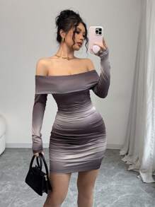 SHEIN EZwear Women's Tie Dye Print Off Shoulder Long Sleeve Bodycon Mini Dress, Ruffle Trim, Sexy, Autumn/Winter