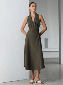 Aveloria Modichic Vestido sin mangas con decoración de cinturón en el cuello tipo lino para mujer