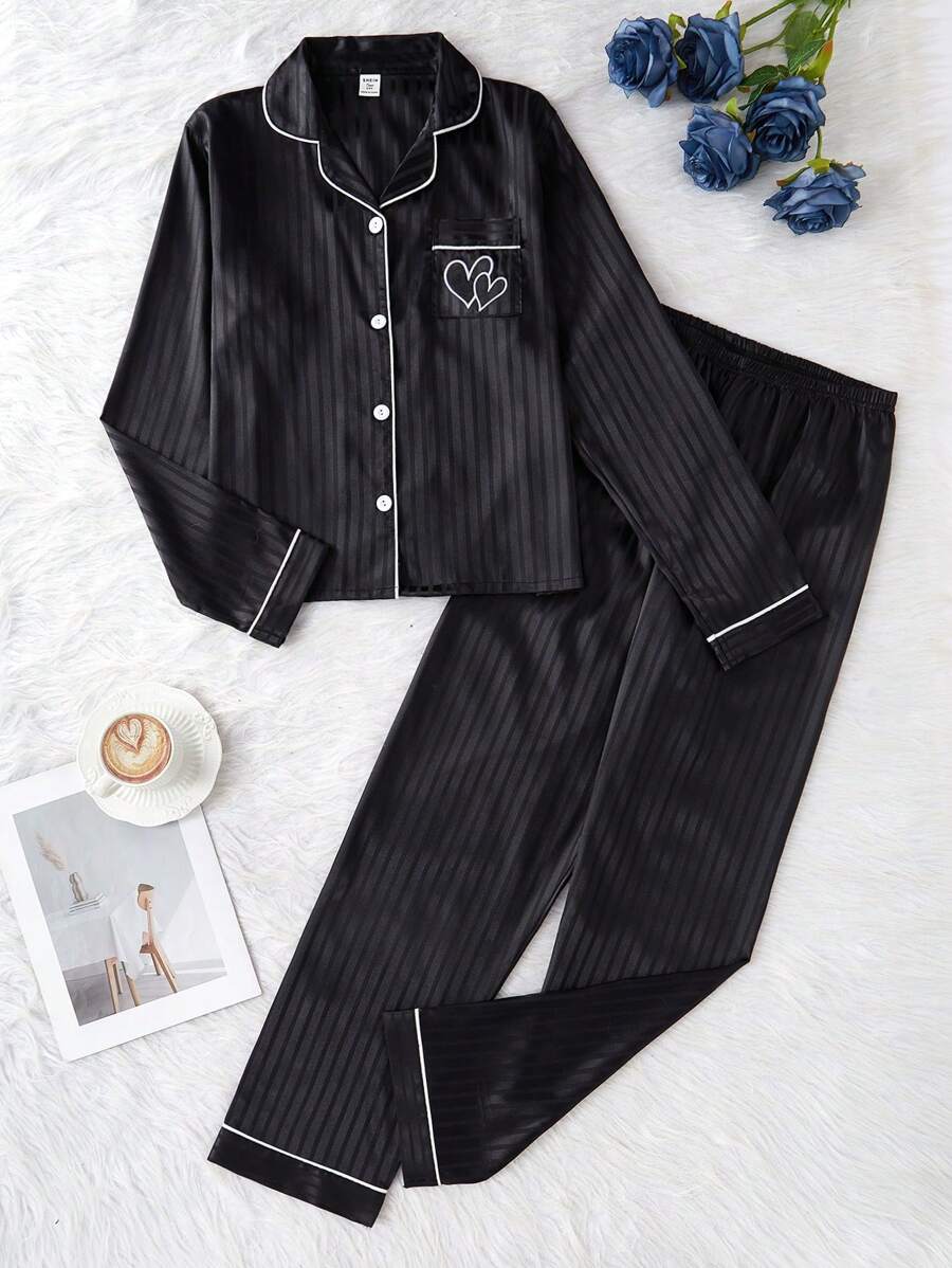 Teen Girls Pajama Set, Pink Striped Fabric Heart Print Long Sleeve Shirt & Pants 2 Pieces Loungewear - Black - View 1