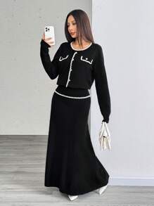 Chiquease 2pcs Women's Elegant Crew Neck Ribbed Knitted Sweater Set - Black - View 5