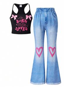 SHEIN Explorewe Tween Girl Y2K Style Cute Bow, Heart & Letter Graphic Cami Top And Fashionable Print Flare Pants 2 Pieces Clothes Sets, Spring/Summer Outfit Clothes - Black - View 7