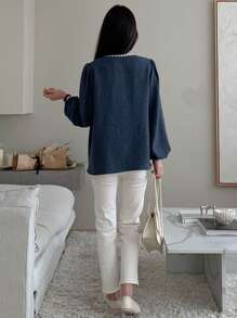 DAZY Women's Color Block Lace Trim Loose Long Sleeve Drawstring V-Neck Vacation Blouse Top,Fall Clothes - Blue - View 7