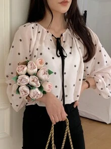 DAZY Polka Dot Long Sleeve Round Neck Drawstring Bowknot Decor Women's Blouse, Summer,Fall Clothes