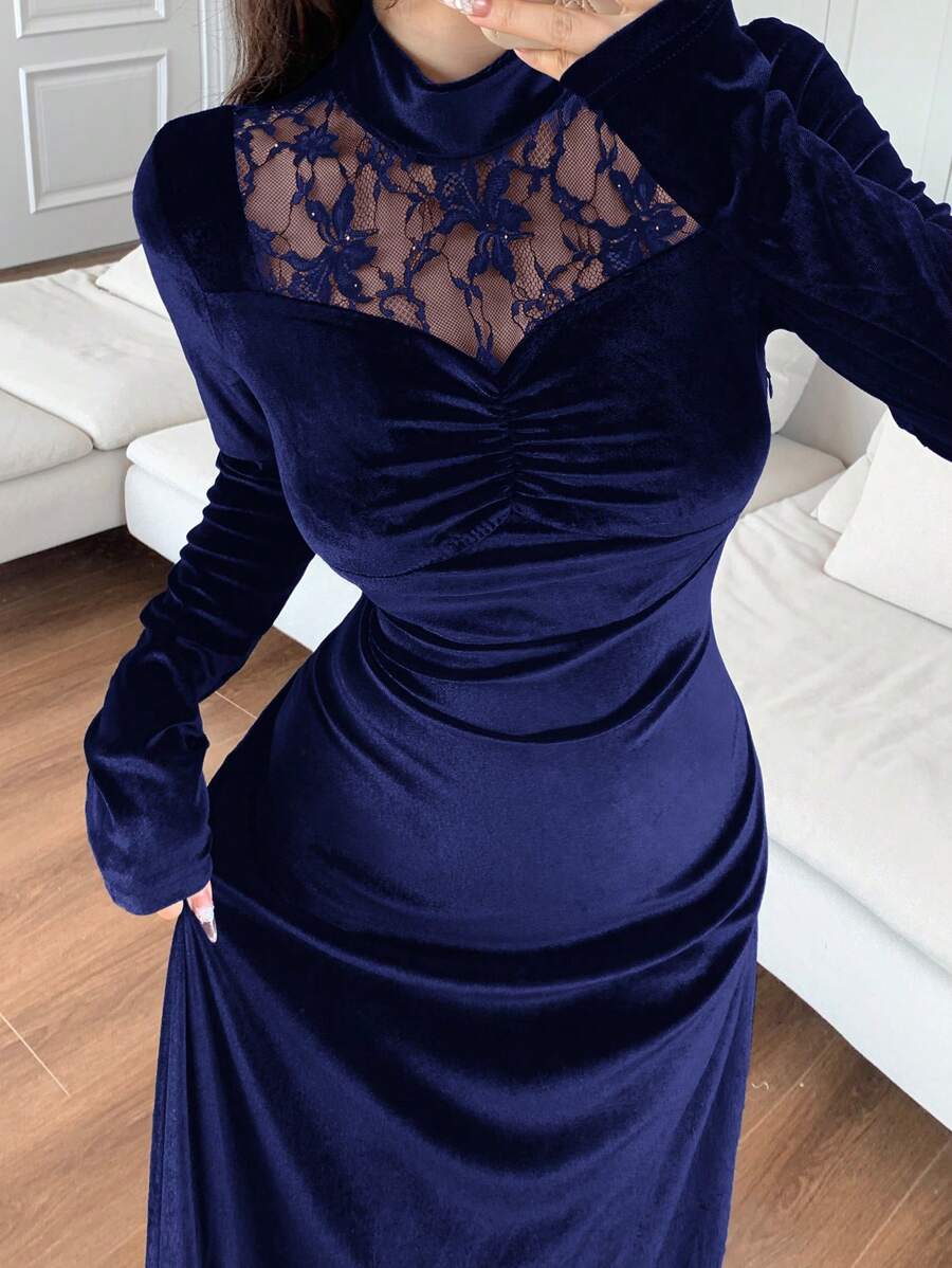 Modelyn 女士纯色蕾丝拼接长袖优雅长裙夜场派对保暖长款晚礼服 - 藏蓝色 - 查看 1