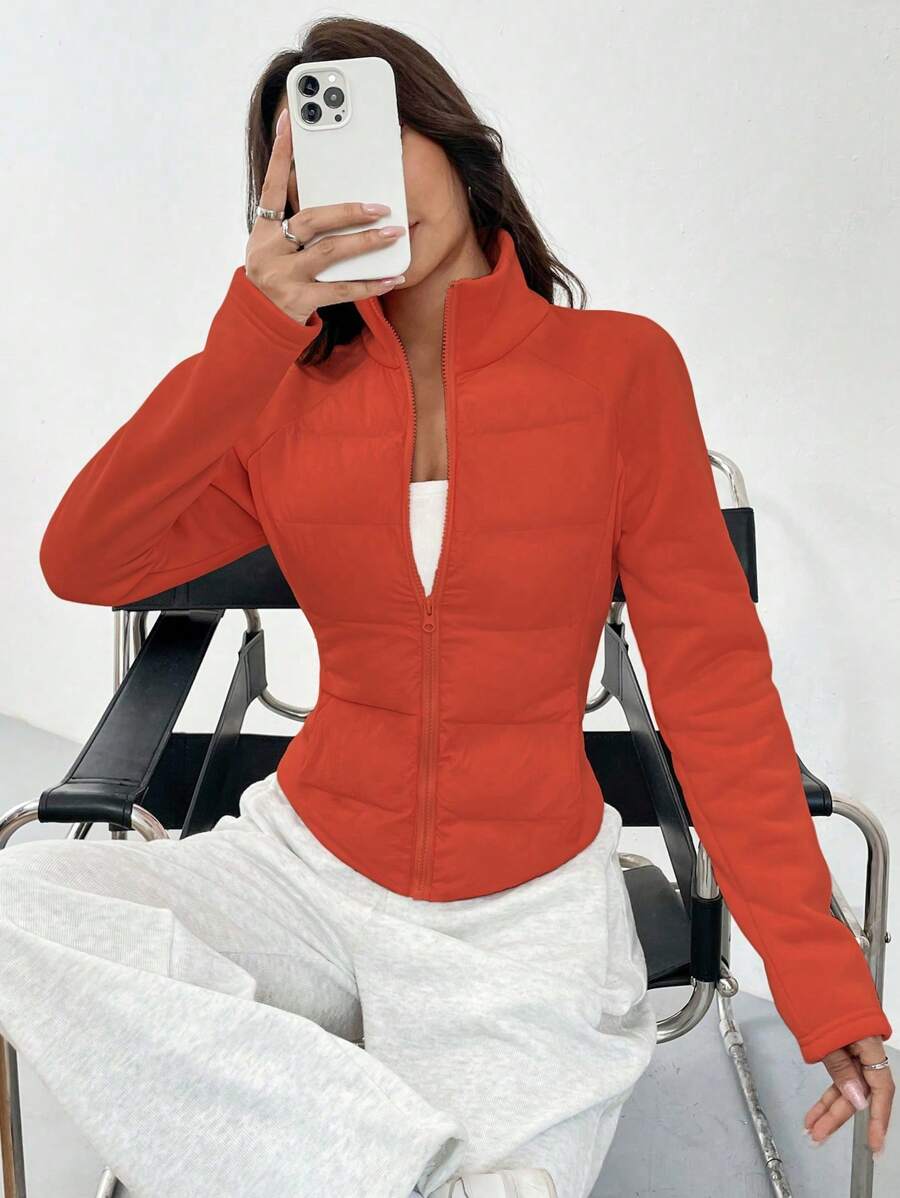 SHEIN Unity Women's Solid Color Zipper Padded Padded Coat, Winter Clothes - Orange - View 1