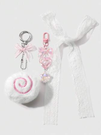 Kawaii Set de 3 piezas: Donut de peluche lindo, lazada de resina, decoración de corazón y estrella + Diadema blanca de encaje de 80 cm, llavero, accesorio para bolso, conjunto elegante como regalo para mujeres y niñas