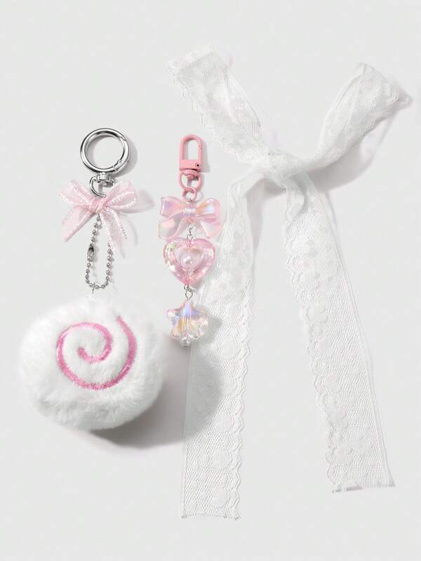 ROMWE Kawaii 3er Set: Süßer Plüsch Donut, Harz Schleife, Herz & Stern Deko + 80cm weiße Spitze Haarband, Schlüsselanhänger, Taschenanhänger Kombination, elegantes Geschenk für Frauen, Mädchen