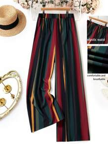 SHEIN LUNE Plus Size Striped Elastic Waist Casual Long Pants, Everyday Wear