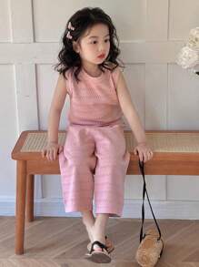 DAZY 2 件套年轻女孩镂空背心和阔腿裤冰丝针织套装，春夏 - 粉色 - 查看 2