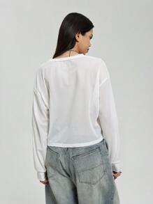 SHEIN Unity 女式 V 领长袖简约短款休闲套头 T 恤，秋季 - 白色 - 查看 3