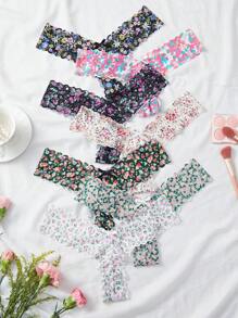 Shein Underwear&Sleepwear Basics Set de 7 bragas con tanga T-back de encaje, diseño floral romántico francés