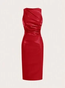 SHEIN Essnce 女士勃艮第红色皮革连衣裙时尚褶皱秋冬无袖褶皱 PU 迷你连衣裙纯色圆领褶皱 PU 皮革无袖中长连衣裙，适合派对、办公室、户外、内衬或独立，鸡尾酒会礼服适合外出和派对圣诞礼服