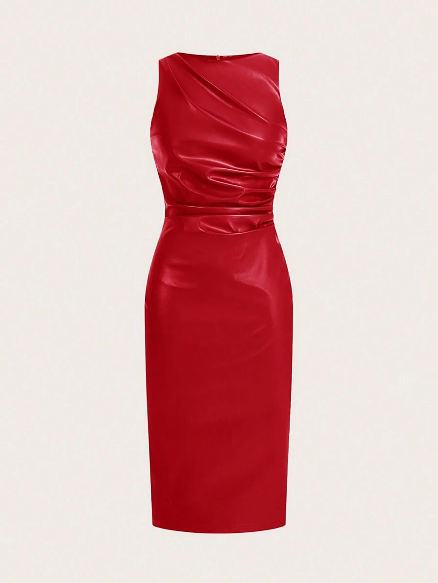 SHEIN Essnce 女士勃艮第红色皮革连衣裙时尚褶皱秋冬无袖褶皱 PU 迷你连衣裙纯色圆领褶皱 PU 皮革无袖中长连衣裙，适合派对、办公室、户外、内衬或独立，鸡尾酒会礼服适合外出和派对圣诞礼服
