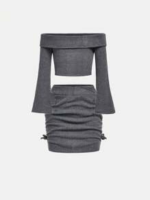 SHEIN Girlism 2pcs Tween Girls' Fitted Casual Minimal Comfy Ribbed Off Shoulder Top And Mini Skirt Set - Grey - View 1