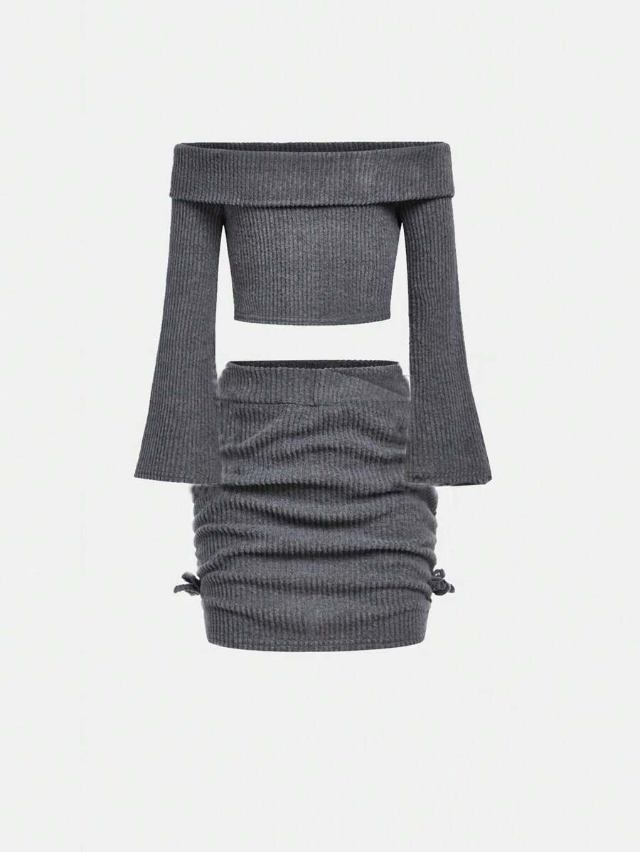 SHEIN Girlism 2pcs Tween Girls' Fitted Casual Minimal Comfy Ribbed Off Shoulder Top And Mini Skirt Set - Grey - View 1