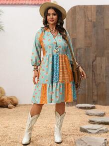 EMERY ROSE 大码女式乡村度假拼布印花缺口领连衣裙，春夏 - 彩色 - 查看 4