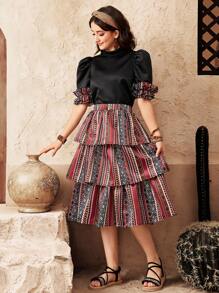 SHEIN Teen Girl Black Stand Collar Gigot Sleeve Ruched Shirt And Geometric Print Layered Ruffle Hem Skirt 2pcs Set, Suitable For Spring/Summer - Multicolor - View 9