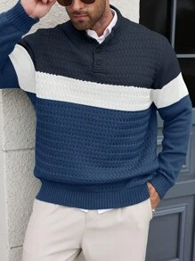 Manfinity Homme 大码男士休闲拼色针织毛衣，秋冬款 - 藍色 - 查看 6