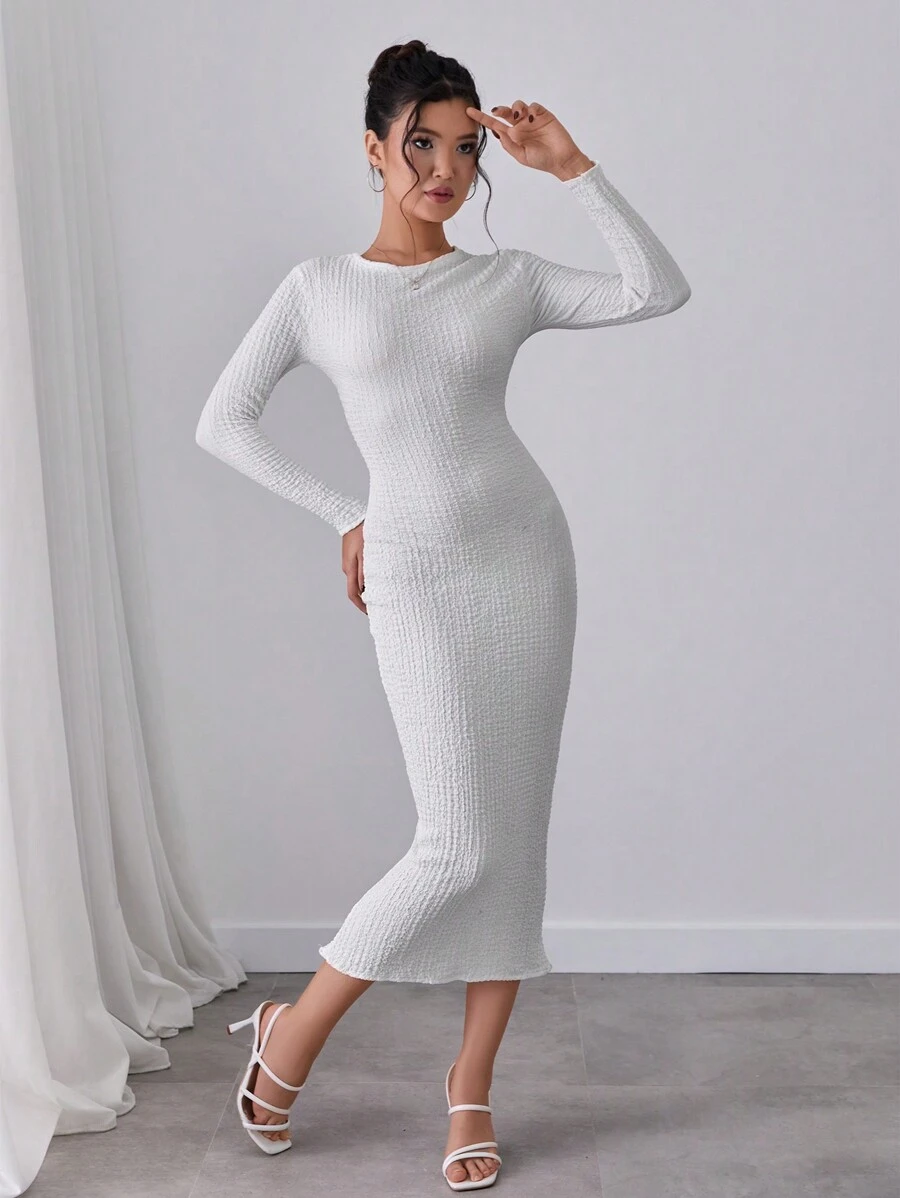 RueChic LONG SLEEVE TEXTURED FABRIC LONG DRESS - White - View 1