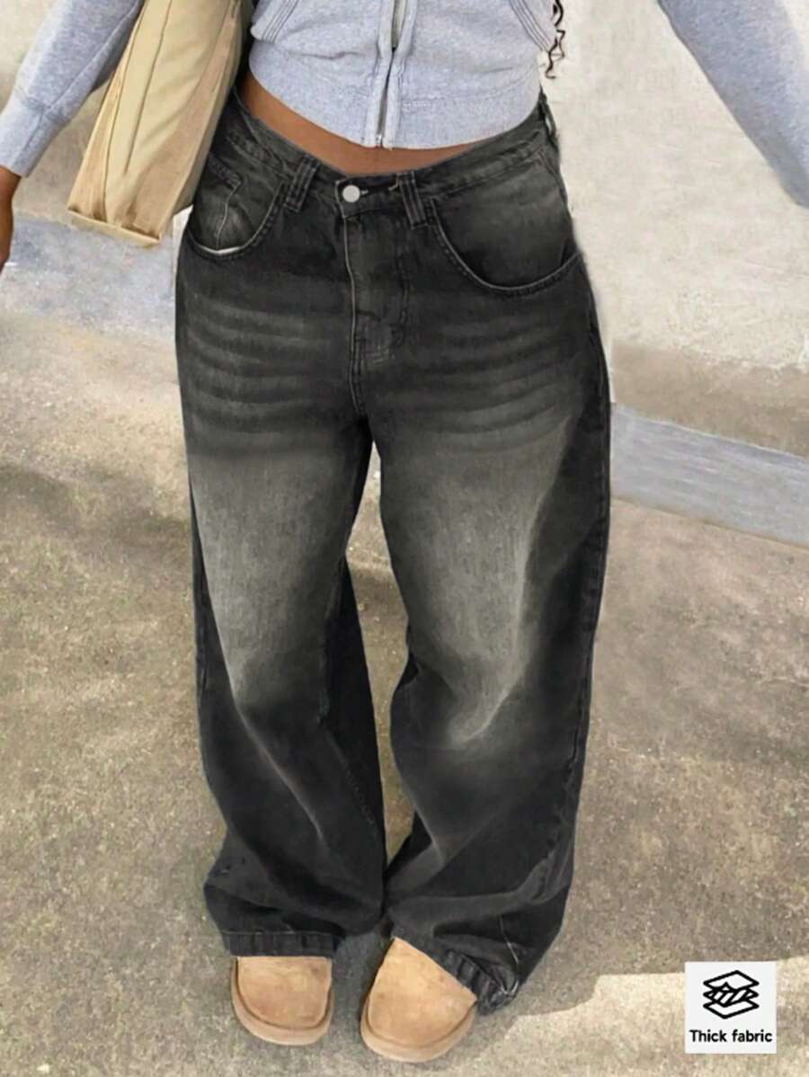 European And American Street New Spring And Autumn Loose Casual Slim Mid-Waist Straight Pants Women's Jeans - Xám - Xem 1
