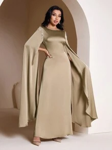 Veilorie Đầm Ả Rập thanh lịch cổ tròn tay áo màu trơn cho nữ khiêm tốn - Màu Khaki - Xem 6