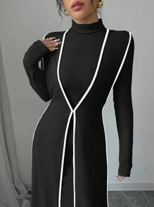 Elenzga 2pcs Set Knitted Ribbed Turtleneck Color Block Dress For Women Fall Cloth For Women - Black - View 3