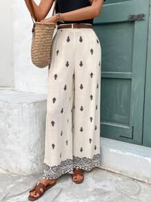 SHEIN Frenchy 女士几何印花宽腿宽松口袋休闲裤 - 杏色 - 查看 4