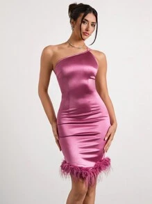 Glamine Women's Solid Colour Mid-Length One Shoulder Feather Decoration Summer Tight Elegant Dresses - Red Violet - View 1