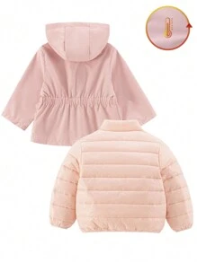 Ragazza giovane set da 2 pezzi Cappotto imbottito + Cappotto in vita stretta, colore rosa, multi-indossabile, caldo e alla moda, adatto per uso esterno quotidiano, autunno/inverno - Rosa - Visualizzare 2