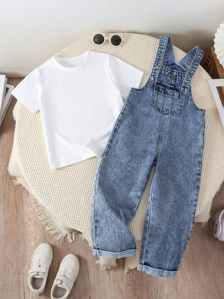 SHEIN Vintaside Kids 2pcs/Set Young Boys Denim Overall With Solid White Short Sleeve T-Shirt, Simple Casual Everyday Wear Set Summer Holiday