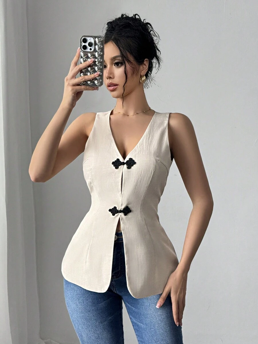 Chiquease Women's Waist Cinching Minimalist Fashion Turtleneck Tank Top - Apricot - View 1