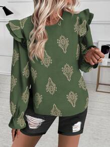 SHEIN Clasi Blusa casual de manga larga y manga abullonada con cuello con volantes bordados de lino para mujeres