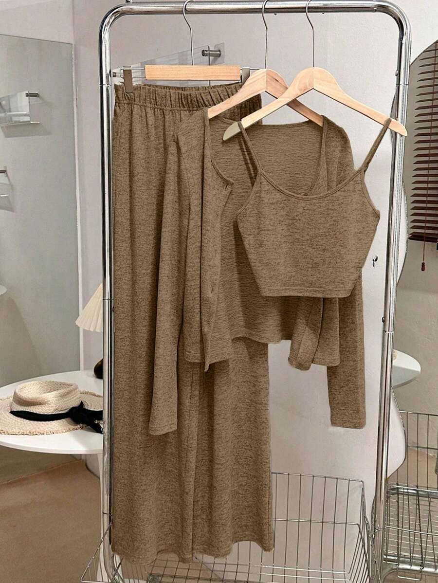 Franclia 3-Piece Set: Casual Versatile Camisole, Long Sleeve Cardigan And Elastic Waist Straight Leg Pants, For Women In Apricot, Autumn/Winter