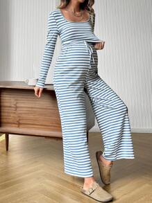 SHEIN 2pcs/Set Maternity Stripe Crew Neck Long Sleeve T-Shirt And Adjustable Waist Casual Pants - Blue and White - View 4