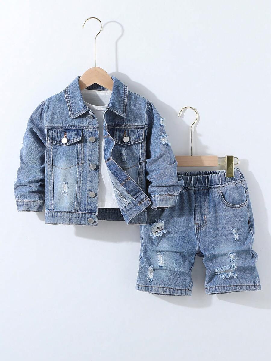 2pcs Young Boys Denim Washed Ripped Jacket And Straight Leg Ripped Denim Jeans Casual Fashion Denim Outfit - Medium Wash - View 1
