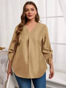 EMERY ROSE 大码优雅纯蓝色卷袖弧形下摆衬衫，冬季女装 - 黃色 - 查看 4