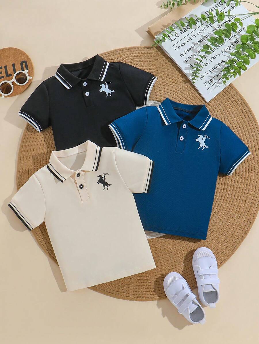 SHEIN 3pcs/Set Young Boy Solid Color Contrast Button Front Short Sleeve Casual Shirt,Holiday,Summer,Travel, School, Campus, College