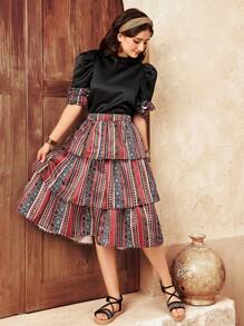 SHEIN Teen Girl Black Stand Collar Gigot Sleeve Ruched Shirt And Geometric Print Layered Ruffle Hem Skirt 2pcs Set, Suitable For Spring/Summer - Multicolor - View 5